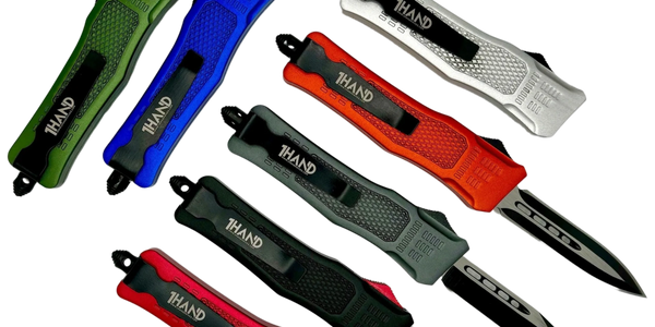 1Hand Knives, one hand knives, 1 hand knives in different colors and blade types. Made in Texas