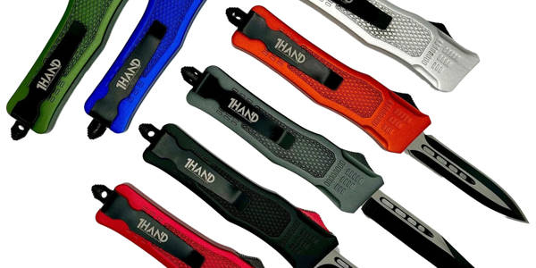 1Hand Knives, one hand knives, 1 hand knives in different colors and blade types. Made in Texas