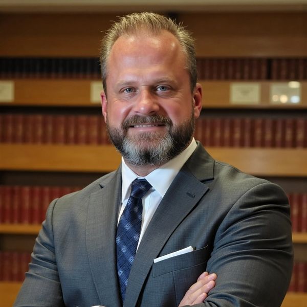 Confident man in a suit standing with arms crossed in a library.