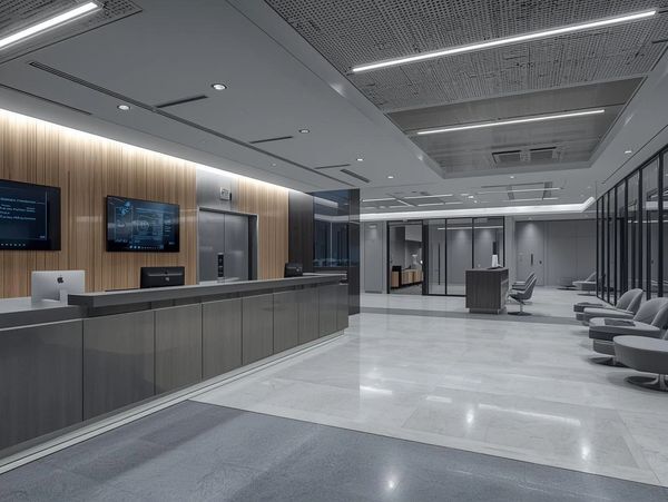 Modern, spacious office lobby with sleek reception and comfortable seating.