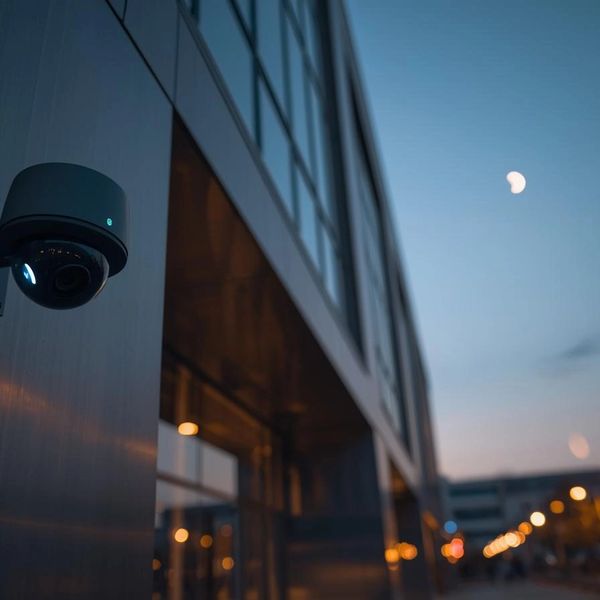 Security camera mounted on a building during dusk with a visible moon.