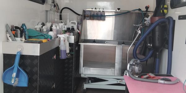 inside of dog grooming trailer