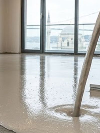 Pouring self-leveling concrete on floor near large window with city view.