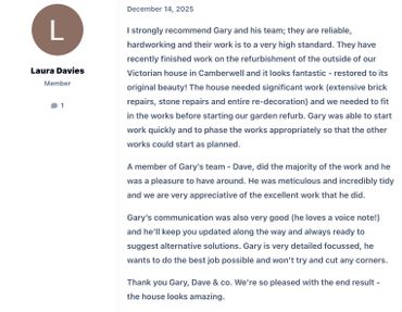 Customer praises Gary and his team for reliable, high-quality refurbishing work.