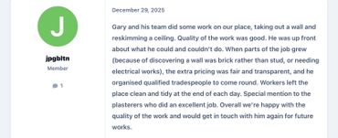 A positive review praising Gary and his team's quality work on wall and ceiling repairs.