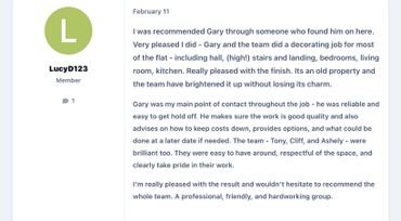 Positive review praising Gary and team for quality decorating work on a flat.