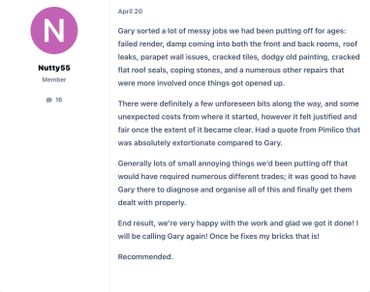 Customer review praising Gary for excellent repair and maintenance work.