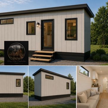 Modern tiny house exterior and cozy interior with minimalist design.