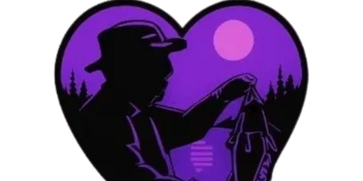 Silhouette of a fisherman holding a fish inside a heart-shaped purple scene.