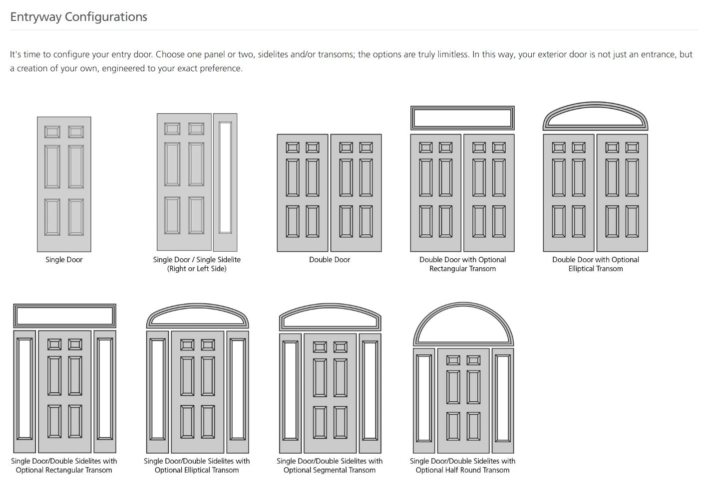 Various entry door configurations with sidelites and transoms.