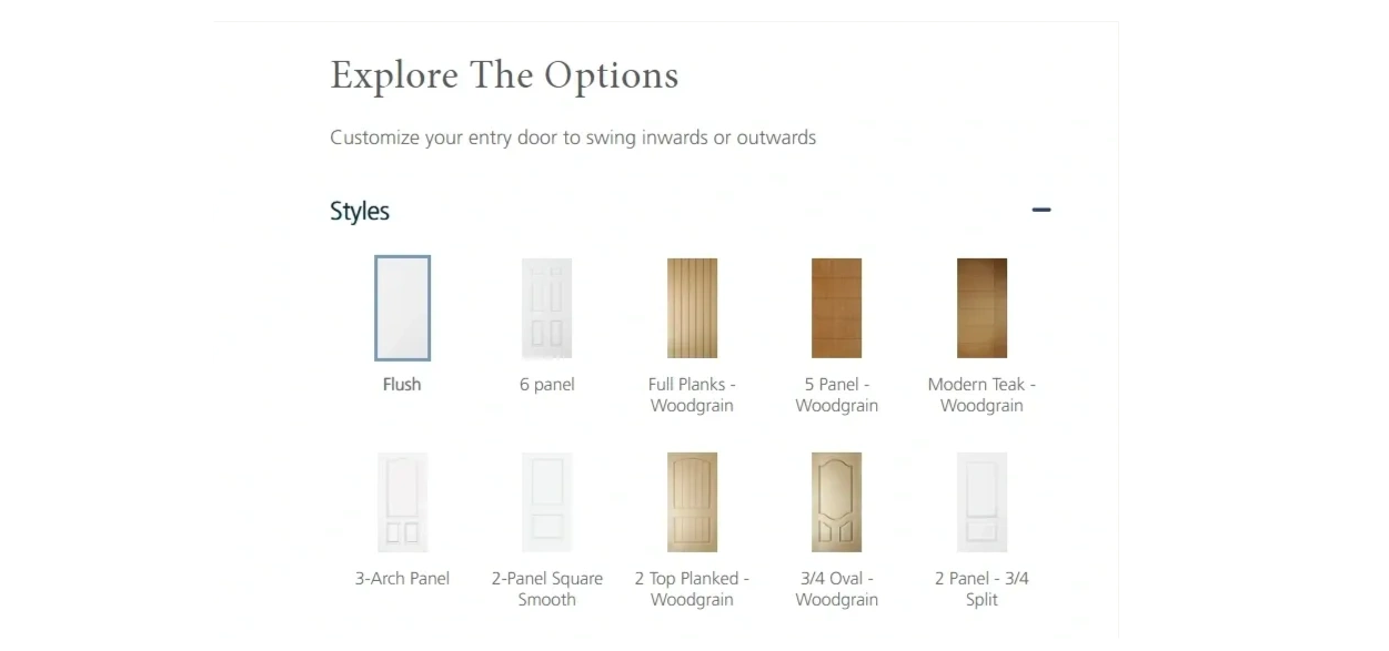 Various door styles for customization including woodgrain and panel designs.