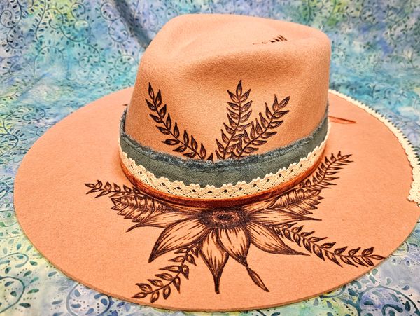Burned floral Distressed wool hat
