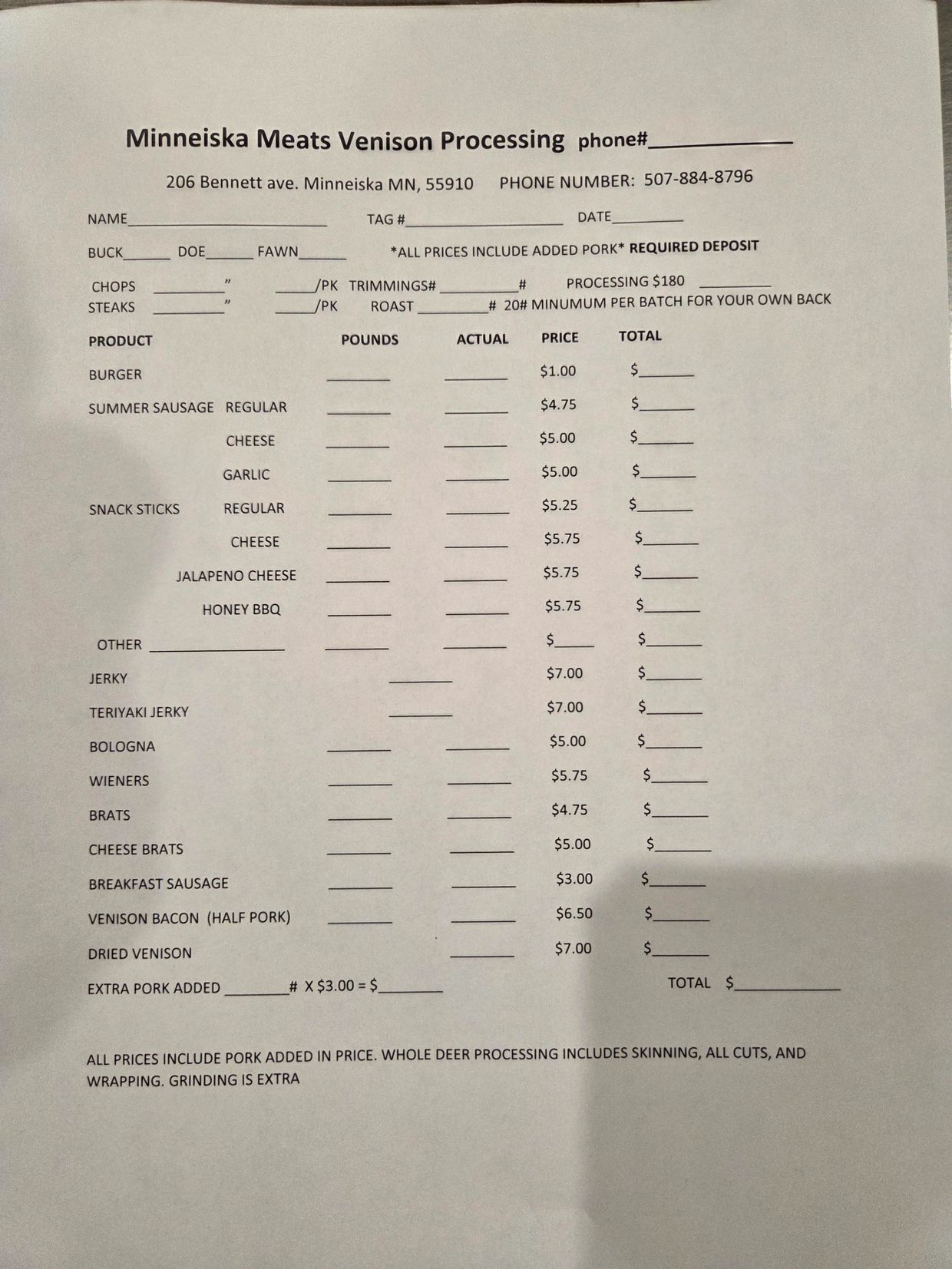 Venison processing price and order form for Minneiska Meats.