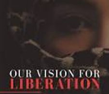 Close-up of an eye with text about liberation vision.