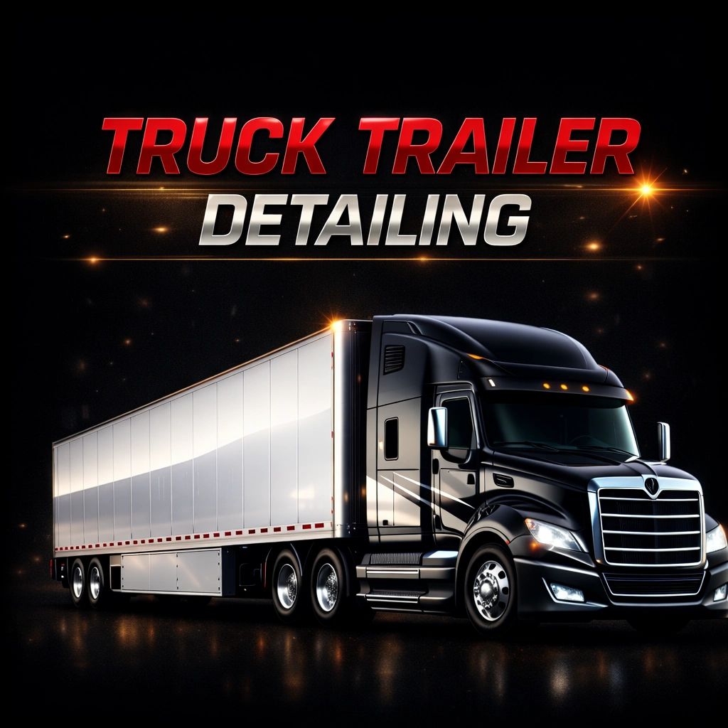 Shiny black truck trailer with bold text advertising detailing services.