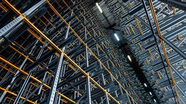 High-tech automated warehouse storage racks with metal beams and orange accents.
