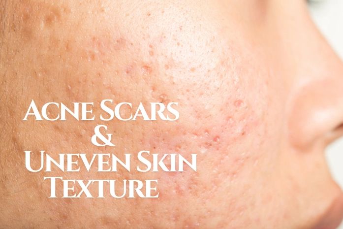 Close-up of acne scars and uneven skin texture on the cheek.
