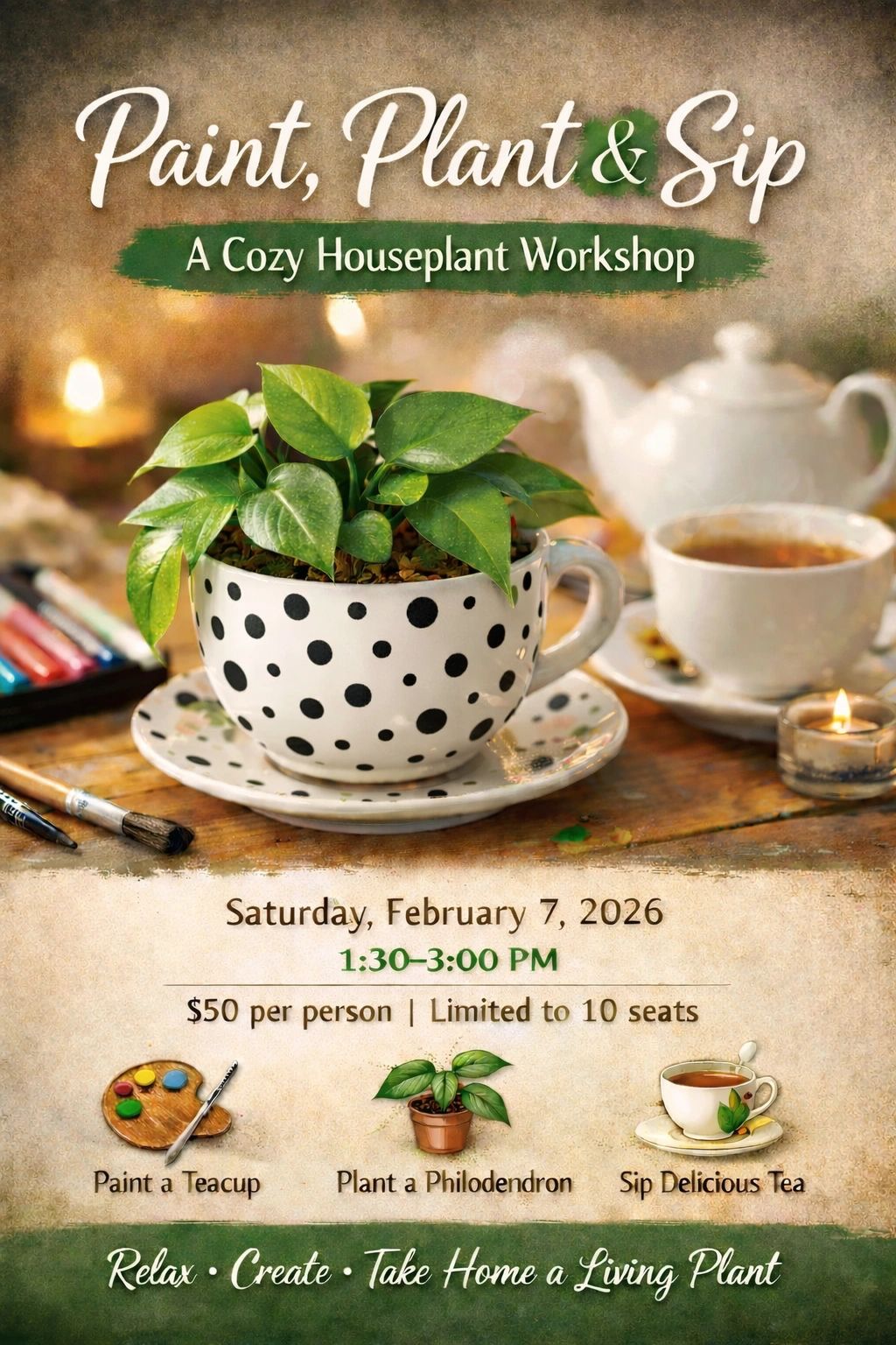 Polka dot tea cup with a heart leaf philodendron planted inside of tea cup.