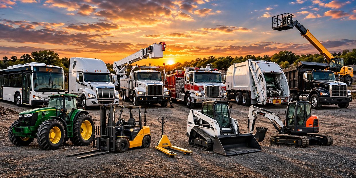 Various heavy machinery and trucks lined up at sunset.