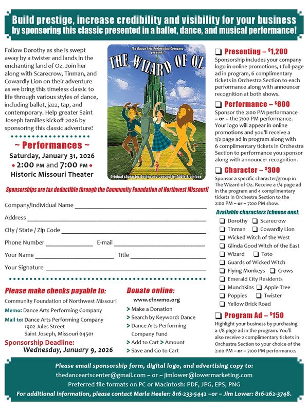 The Wizard of Oz Sponsorship Form. Sponsorships are available from $1,200 down to $150. 