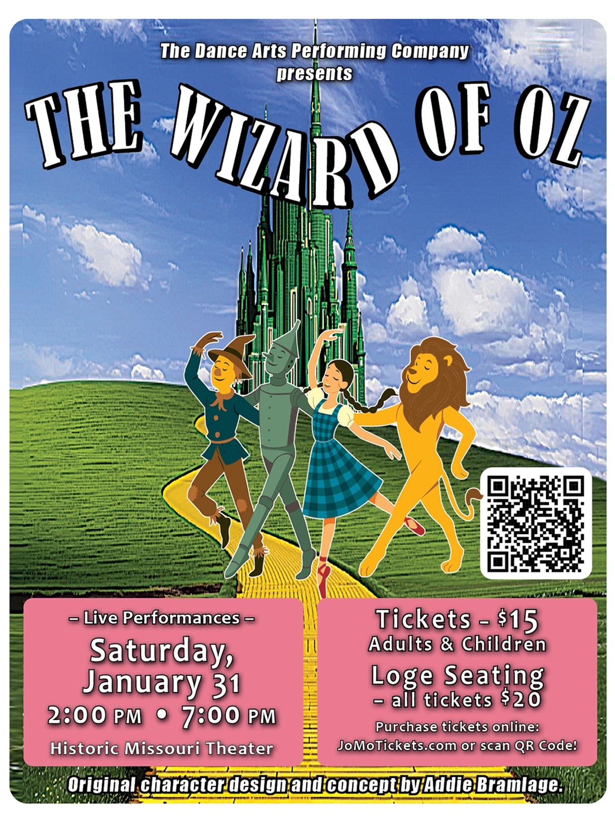 The Wizard of Oz performance poster with ticket link and QR code to tickets!