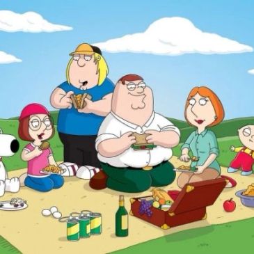 Family picnic scene with animated characters enjoying sandwiches and snacks outdoors.