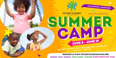 Happy kids enjoying summer camp activities, June 8 to 19 in Macon, GA.