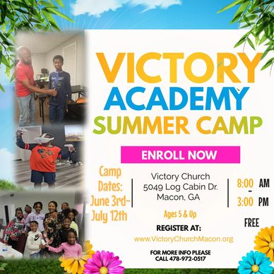 Victory Academy Summer Camp
June 3 - July 12, 2024
Mondays - Fridays from 8 a.m. - 3 p.m. 
FREE