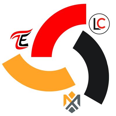 Abstract logo with red, orange, and black curved shapes and stylized letters TE, LC, and MX.