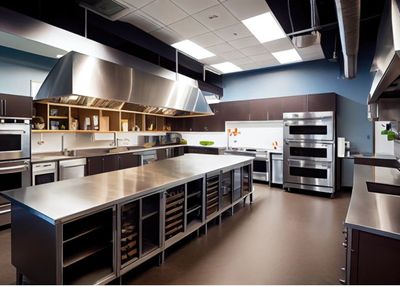 Modern kitchen featuring stainless steel appliances, a spacious island, and dark cabinetry, illumina