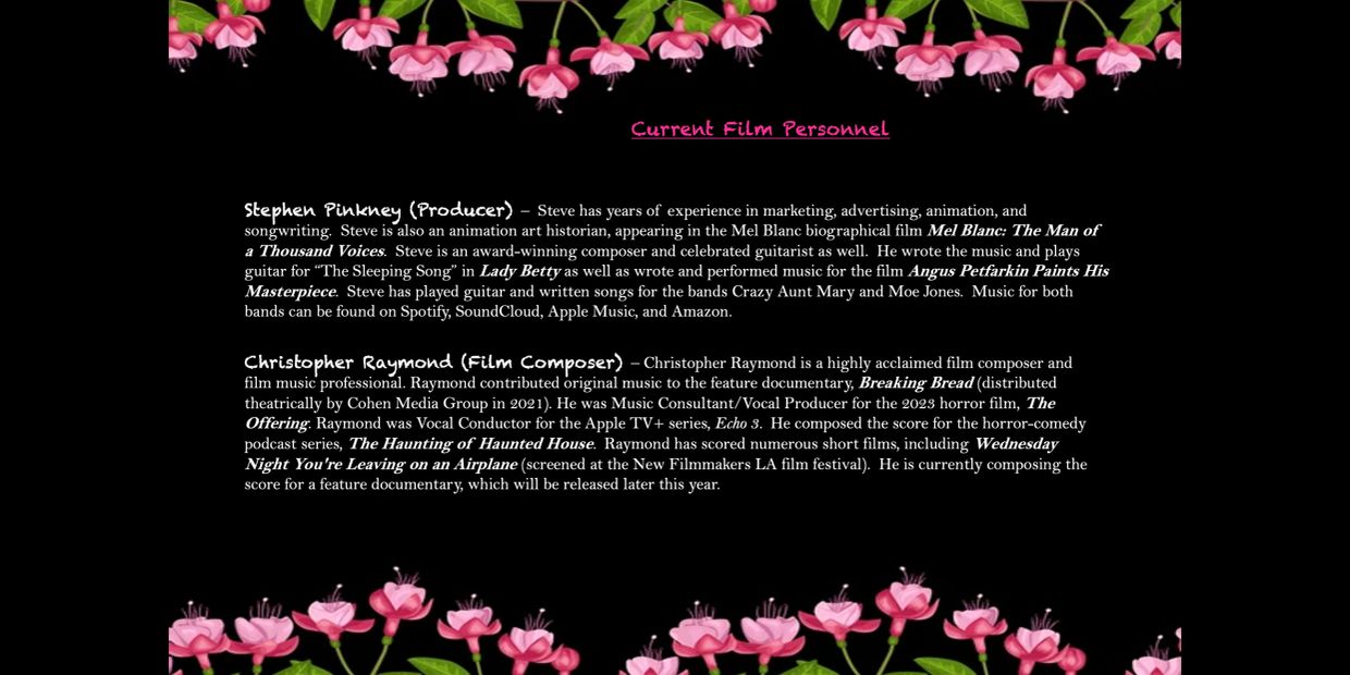 List of current film personnel with roles and bios, decorated with floral borders.
