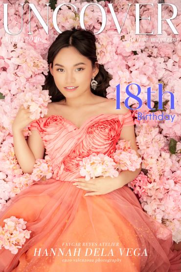 Young woman in a floral peach gown on a pink flower bed for 18th birthday cover.