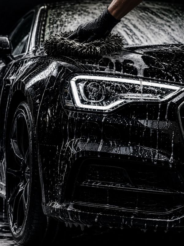 Close-up of a black car being hand-washed with foam and water droplets.