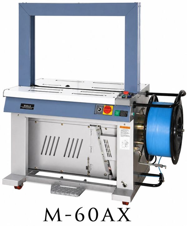 Industrial strapping machine M-60AX with blue strap roll.