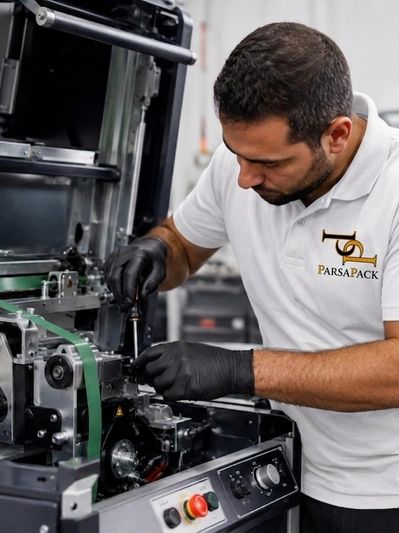 Technician repairing industrial packaging machine wearing black gloves and white shirt.