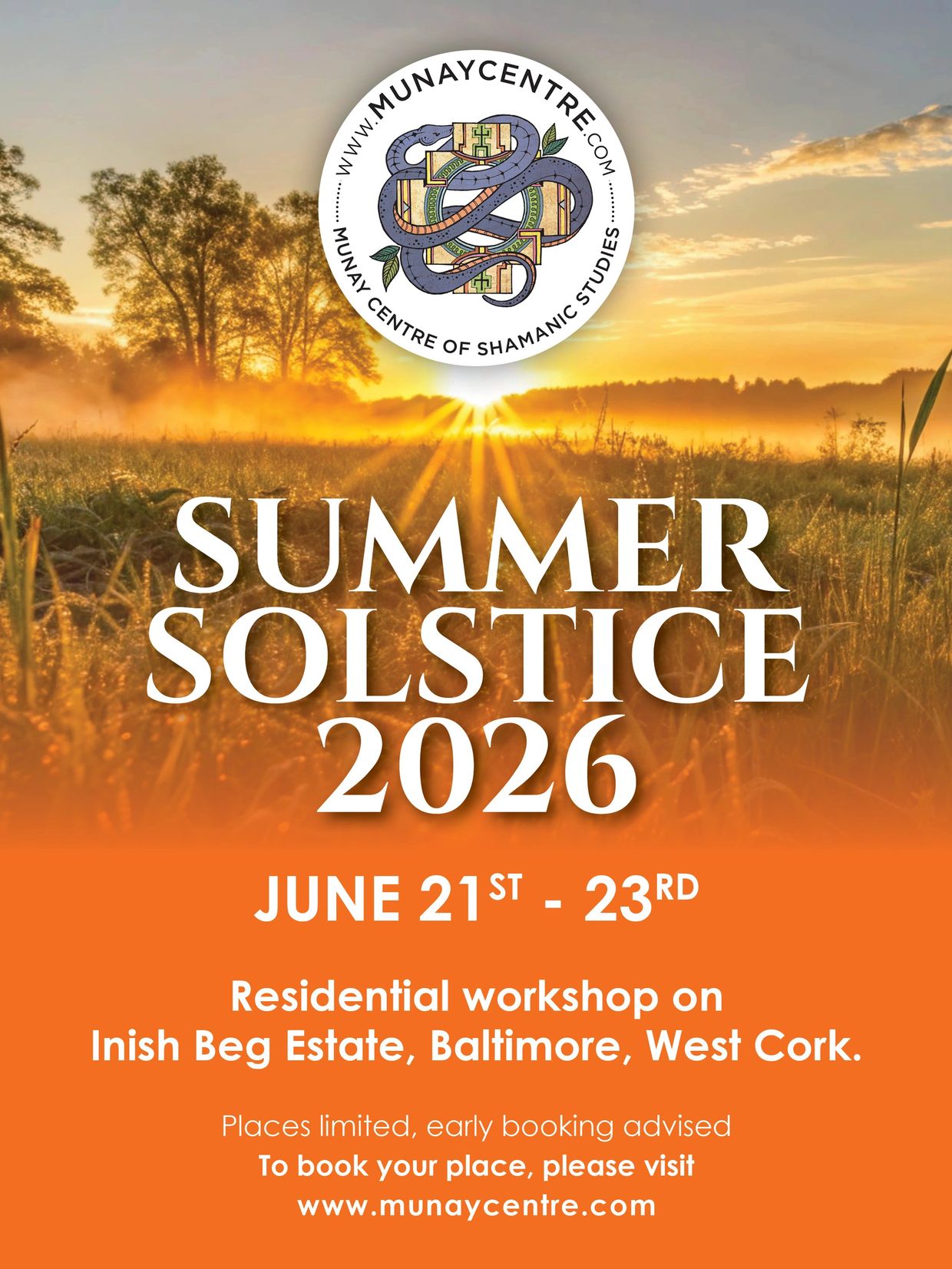 Sunrise over a misty field promoting a 2026 summer solstice workshop in West Cork.