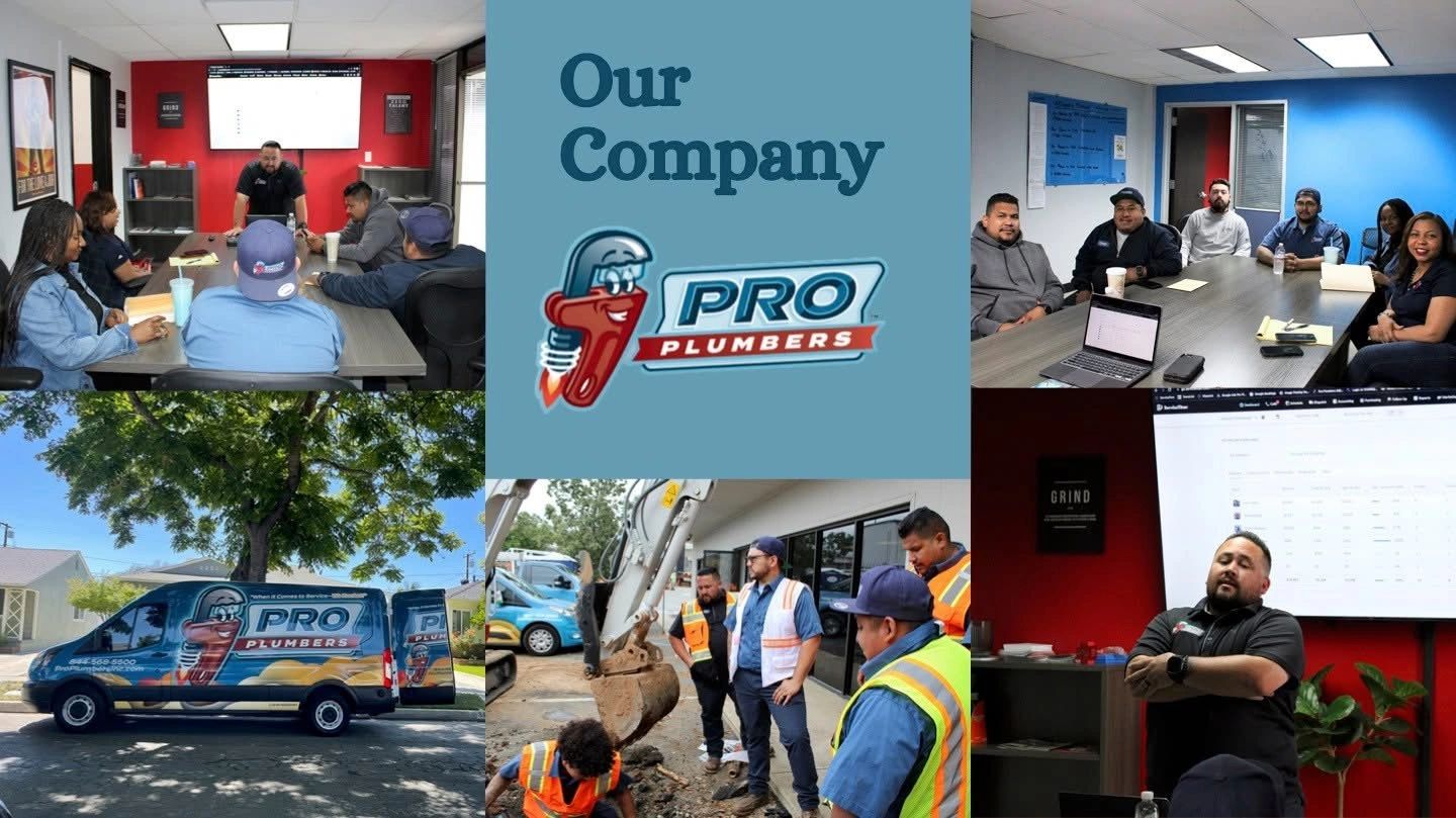 Collage featuring Pro Plumbers team meetings, work site, and branded van.