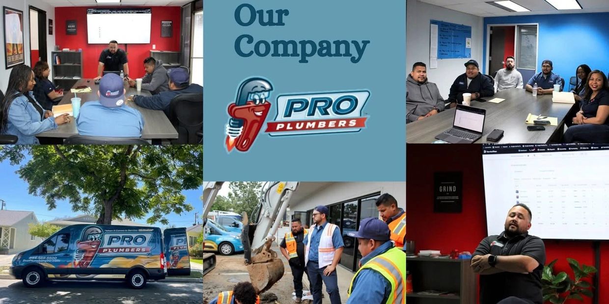 Collage showing Pro Plumbers team meetings, work vehicles, and on-site project discussions.