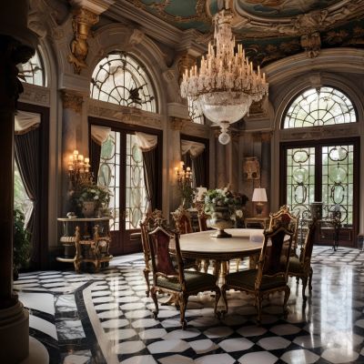Luxury dining room with chandelier and ornate decor.