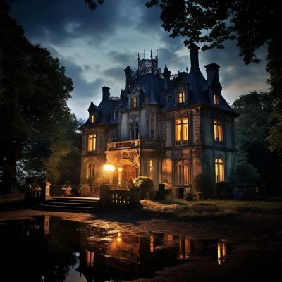 A grand, illuminated mansion at night with reflections in the water.