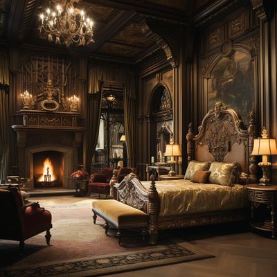 Luxurious antique bedroom with a lit fireplace and ornate decorations.