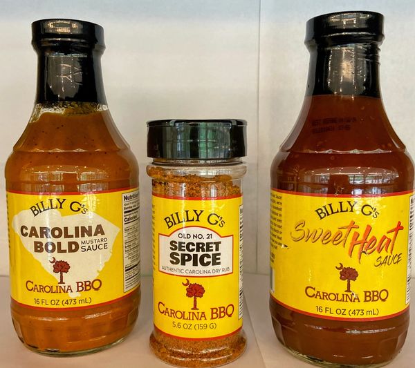 Three Billy G's sauces with yellow labels.