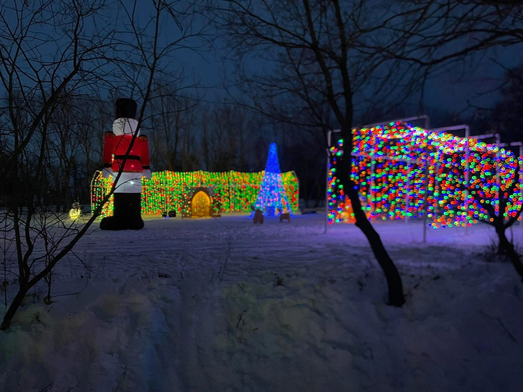 Colorful Christmas light displays and giant nutcracker at Romantic Moon Festival of Lights, Glyndon