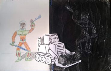 Two drawings of spacemen and a bulldozer cutout.