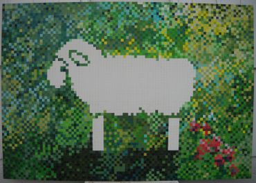 Pixel art of a sheep in a green environment.