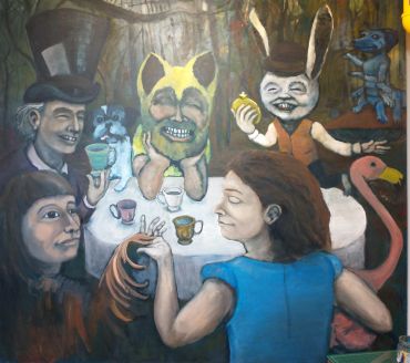 Surreal tea party with bizarre characters and masked faces.