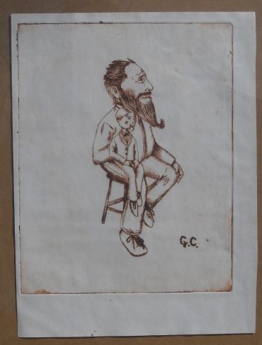 Drawing of a bearded man and a smaller man sitting on a stool.