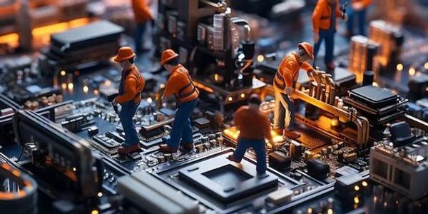 Miniature workers in orange uniforms assembling a computer motherboard.