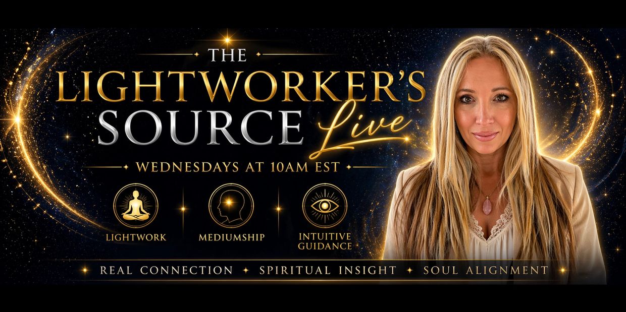 Promotional banner for The Lightworker's Source Live show with spiritual themes and a female host.