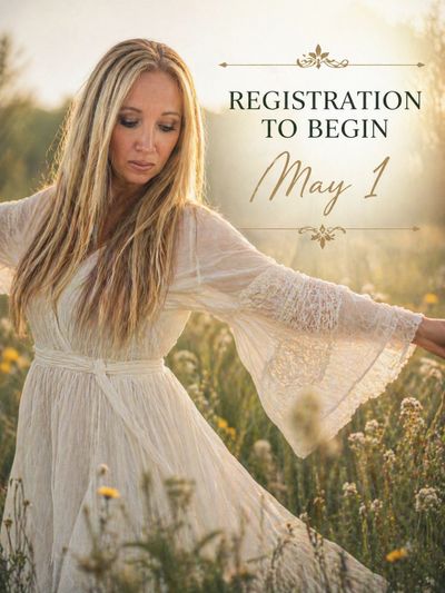 Woman in white dress in a field with registration date May 1.